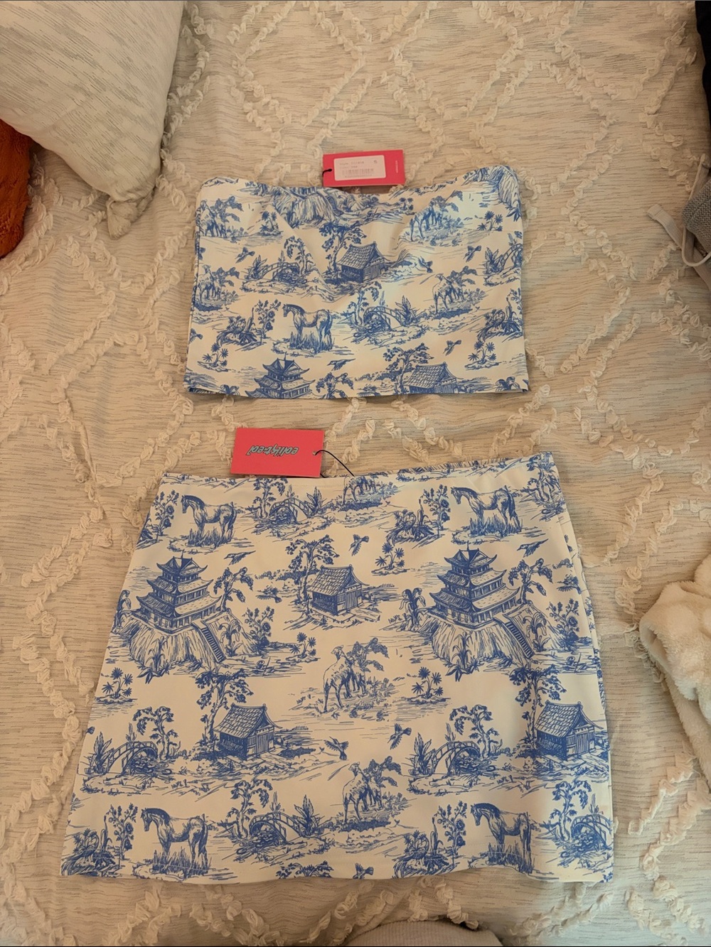 Edikted White and Blue Toile Two-Piece Mini Skirt Set